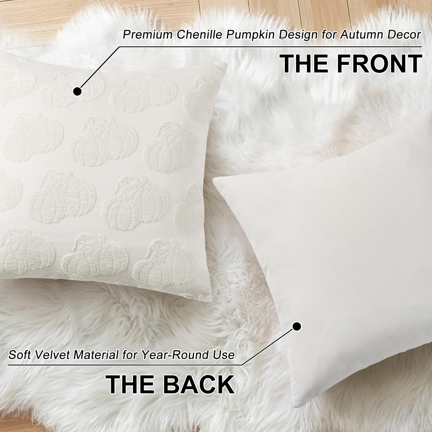 decorUhome Decorative Two Cream White Pumpkins Thanksgiving Throw Pillow Covers 18x18 Set of 2, Soft Chenille Jacquard Farmhouse Textured…