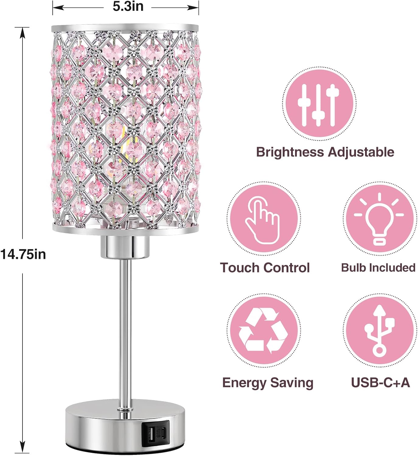 GyroVu Crystal Table Lamp, Pink Touch Lamp with USB C+A Ports, Dimmable Lamp with Crystal Shade, Bedside Lamp Small Lamp for Girl…