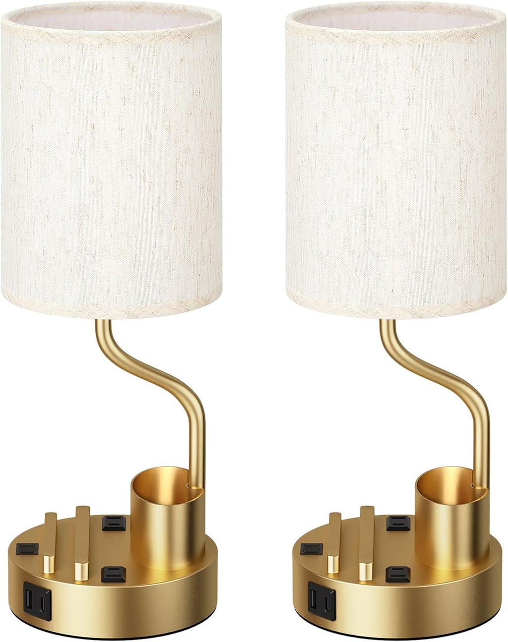 Gold Bedside Table Lamps for Bedroom Set of 2 - Nightstand Light with AC Outlet and USB A & C for Charging, 3 Color Temperatures Desk…