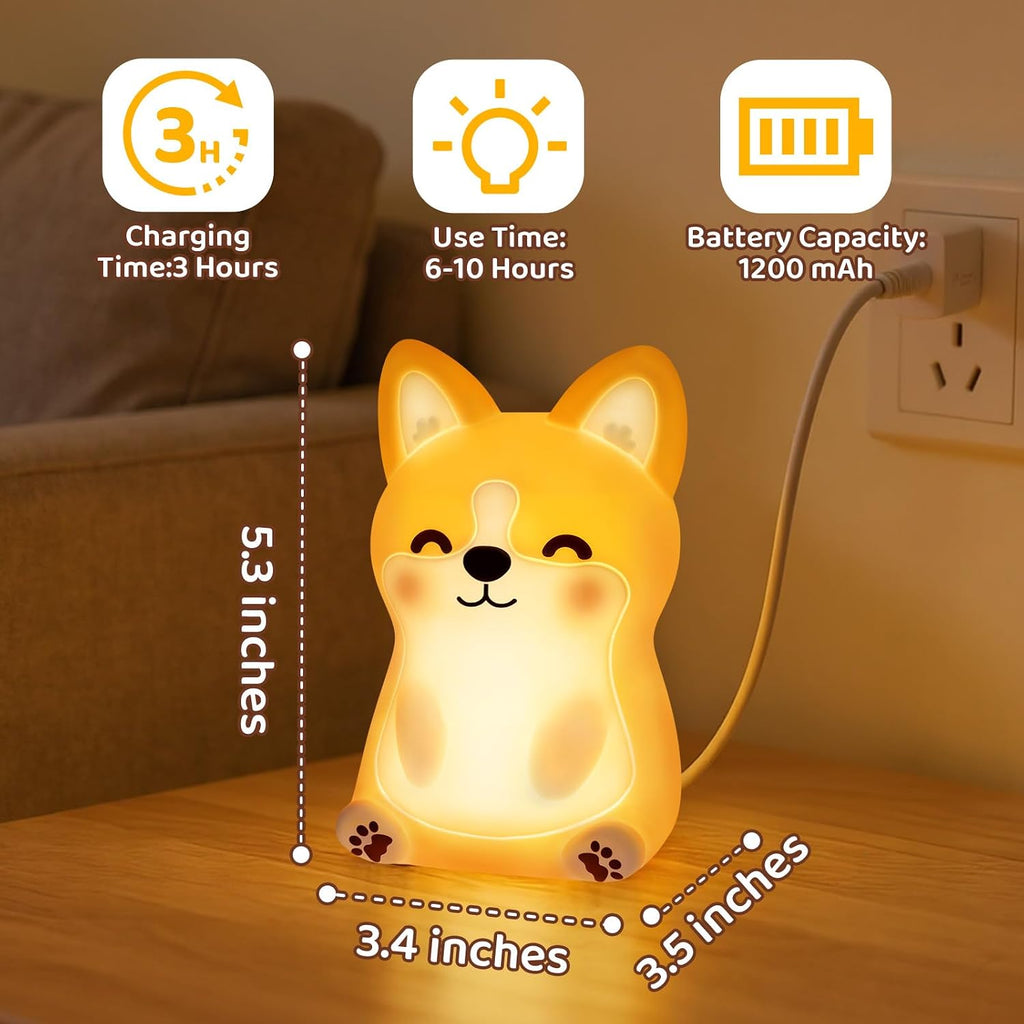 Mewaii BPA-Free Silicone丨 Huggwaii Corgi Dog Night Light for Kids, 3 Brightness Levels Nursery Dog Lamp, 30 Min Timer&Rechargeable Cute…