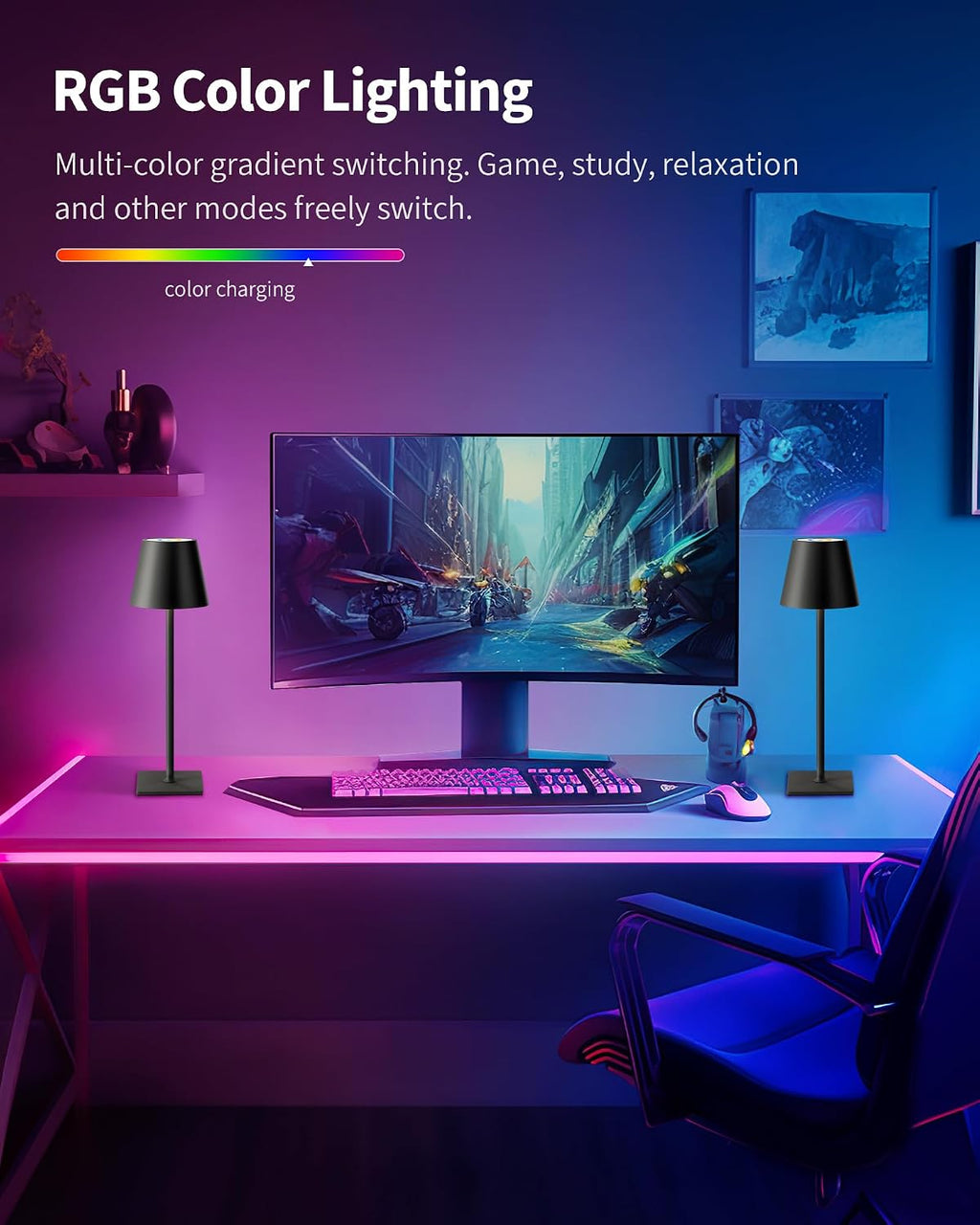 KDG 2 Pack Cordless Table Lamp, RGB Color Stepless Dimming Up, 4000mAh Battery Operated Portable LED Desk Lamp, for Dinning Room…