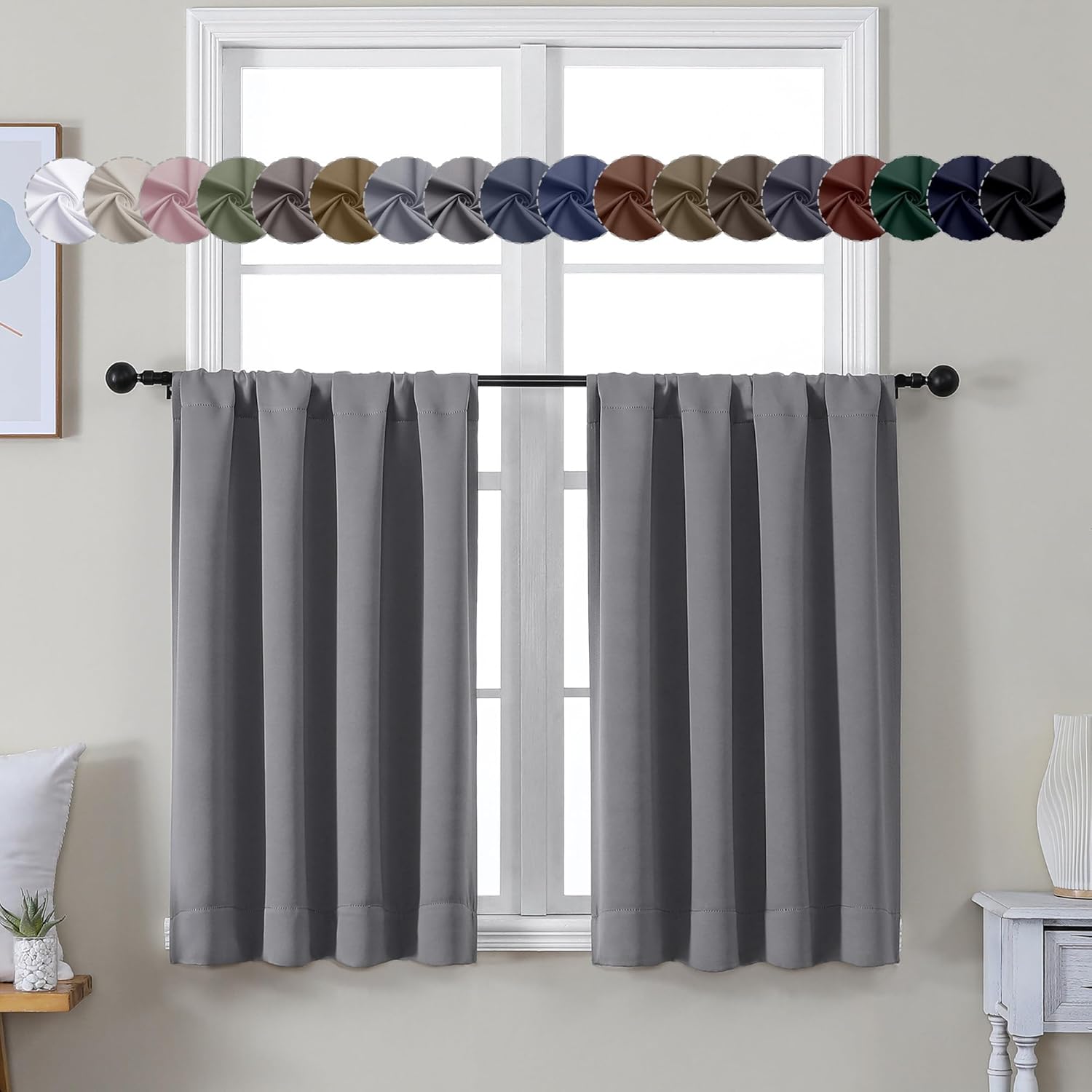 Simplebrand Ava Light Grey Short 36 Inches Blackout Curtain 2 Panels Set, Half Window Rod Pocket Privacy Curtain Tiers for Kitchen, Curtain…