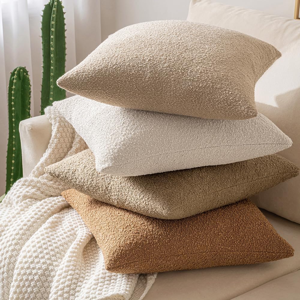 Miulee 18x18 Inch Decorative Pillow Covers for Couch Bed Set of 2 Textured Boucle Neutral Throw Pillow Covers Taupe Khaki Camel Accent Soli…