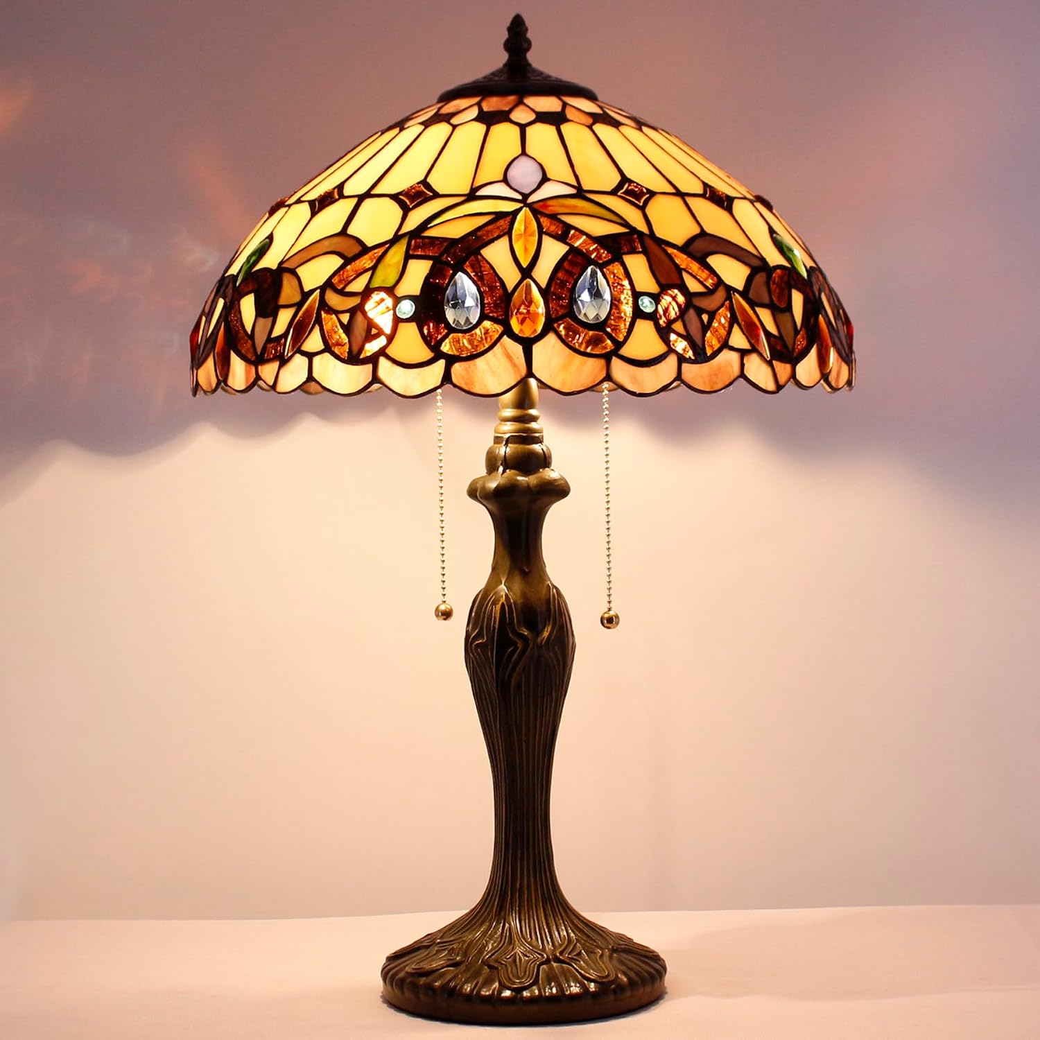 WERFACTORY Tiffany Style Table Lamp Colorful Stained Glass Serenity Victorian Bedside Lamp16X16X24 Inches Desk Light Metal Base Decor…
