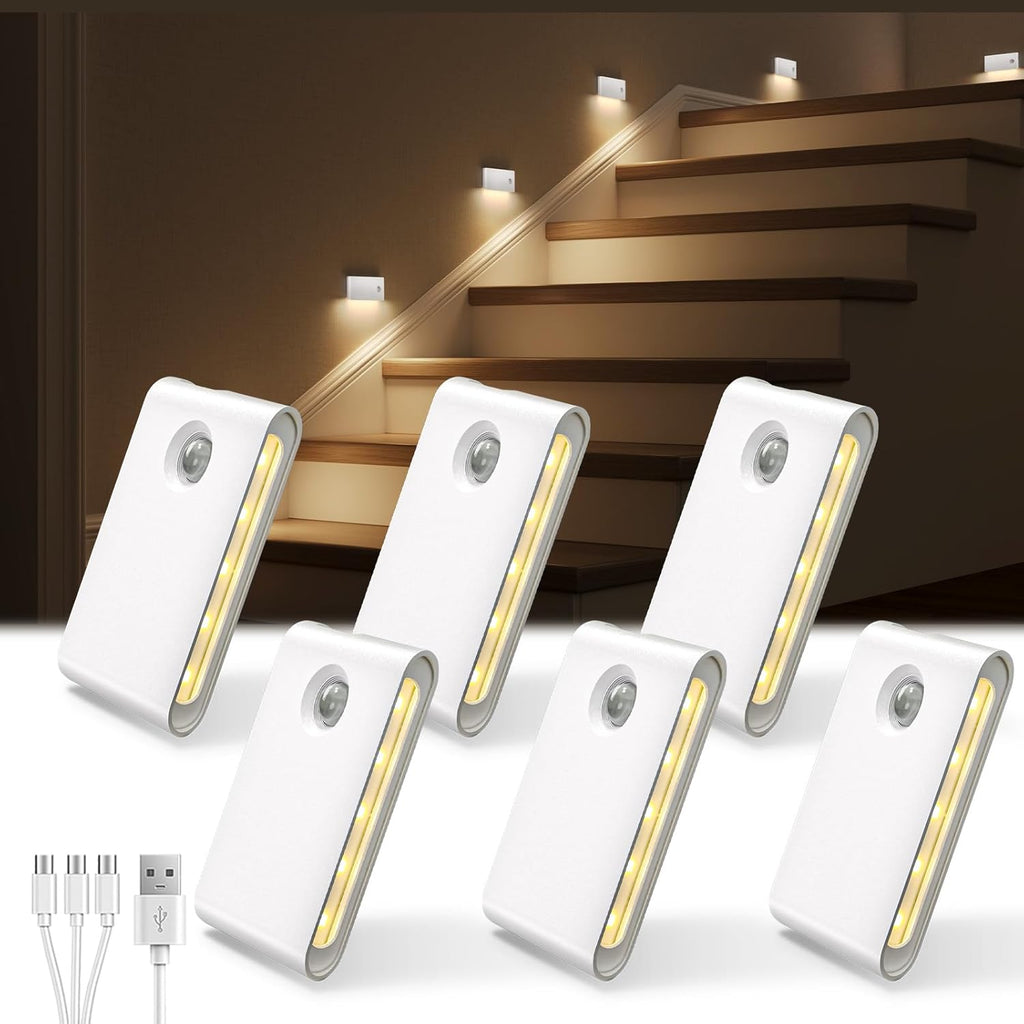 Ezvalo 6 Pack Motion Sensor Night Lights, Sync LED Stair Lights Indoor, 1500mAh Rechargeable, Magnetic & Dimmable, 3000K Soft White, Portab…