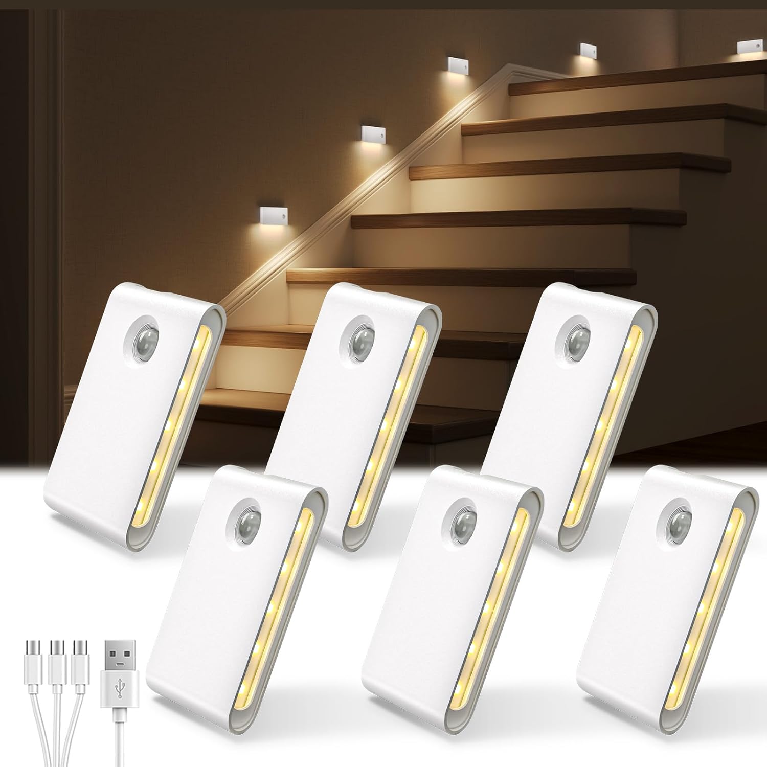 Ezvalo 6 Pack Motion Sensor Night Lights, Sync LED Stair Lights Indoor, 1500mAh Rechargeable, Magnetic & Dimmable, 3000K Soft White, Portab…