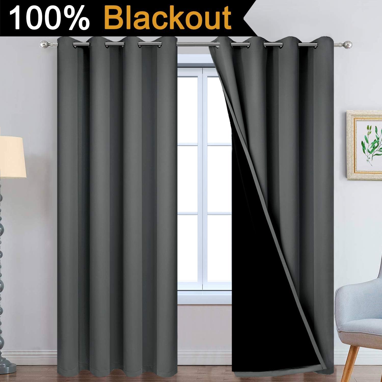 Yakamok Dark Grey Full Shade Curtain Panels, Heavy Duty Lined Curtains 84 Inches Long, Thermal Insulated Room Darkening Curtains with Black…