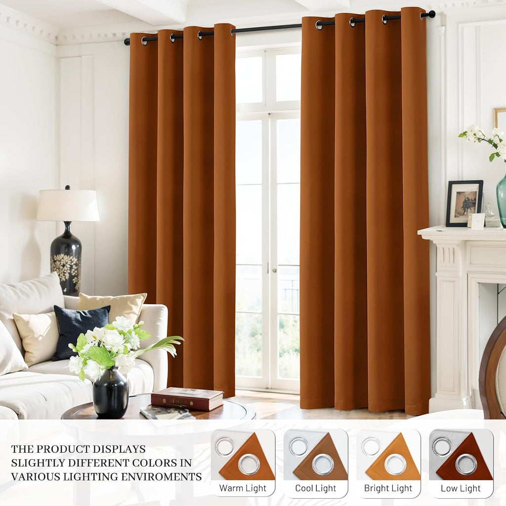 Yakamok Room Darkening 100% Blackout Curtains Grommet Window Treatments with 2 Thick Layers-Burnt Orange Thermal Insulated Drapes Set of 2…