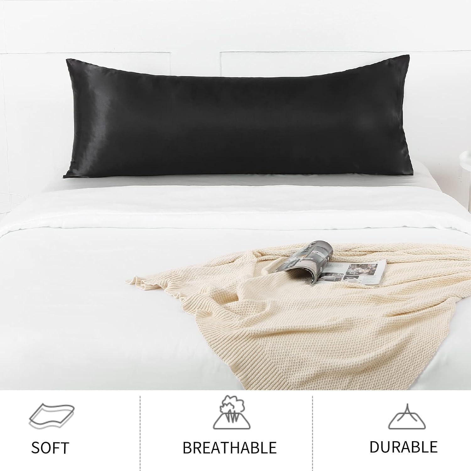 Lcbd Satin Body Pillow Case for Hair and Skin, Black Silk Satin Body Pillowcase Cover, 20x54 Body Cooling Pillow Cover with Envelope Closur…