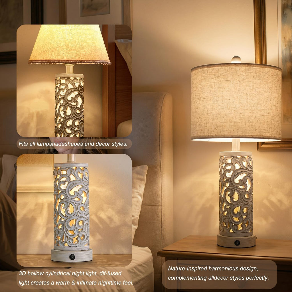 OYEARS Bedside Table Lamps Set of 2 with USB & Night Light, 22'' Farmhouse Bedroom Lamps for Nightstand, Vintage Table Lamps for Bedroom…