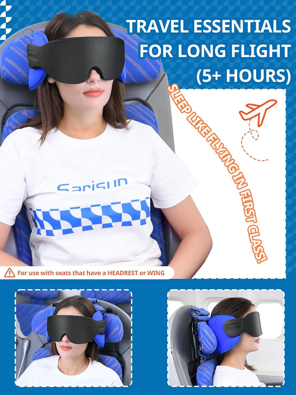 SARISUN Travel Pillow for Airplanes, Airplane Pillow for Long Flight, Neck Pillow with Eye Mask for Sleeping, Portable Travel Pillow for…