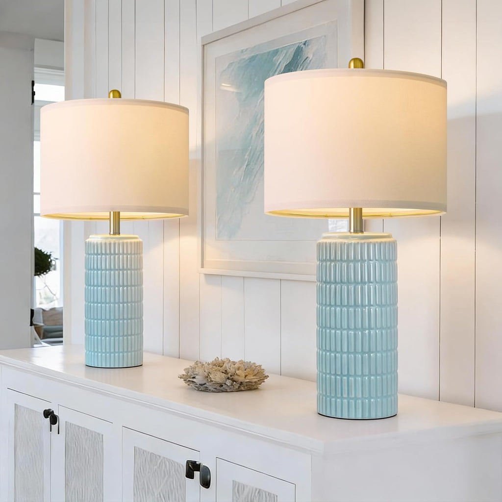 PoKat 23" Light Blue Table Lamps Set of 2, Modern Bedside Lamps for Bedroom, Coastal Ceramic End Table Lamps for Living Room, Ocean…