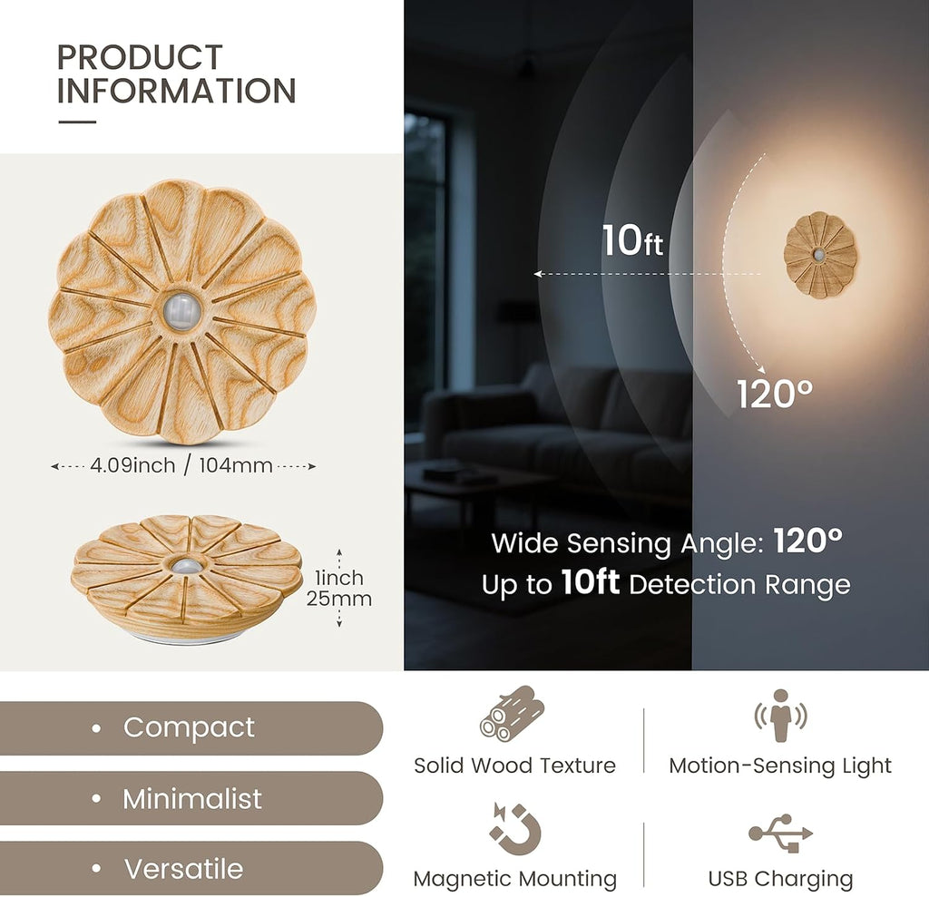 Motion Sensor Night Light Wooden Carved Flower Mini USB Rechargeable Stick-On Step Lights Magnetic Wall Lights for Hallway Bedroom Living…