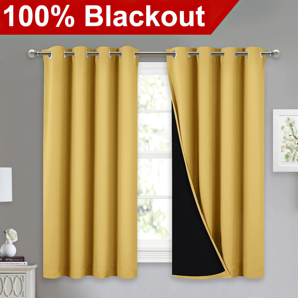 Nicetown 100% Blackout Curtains with Black Liners, Thermal Insulated Full Blackout 2-Layer Lined Drapes, Noise Cancellation Window Drapes f…