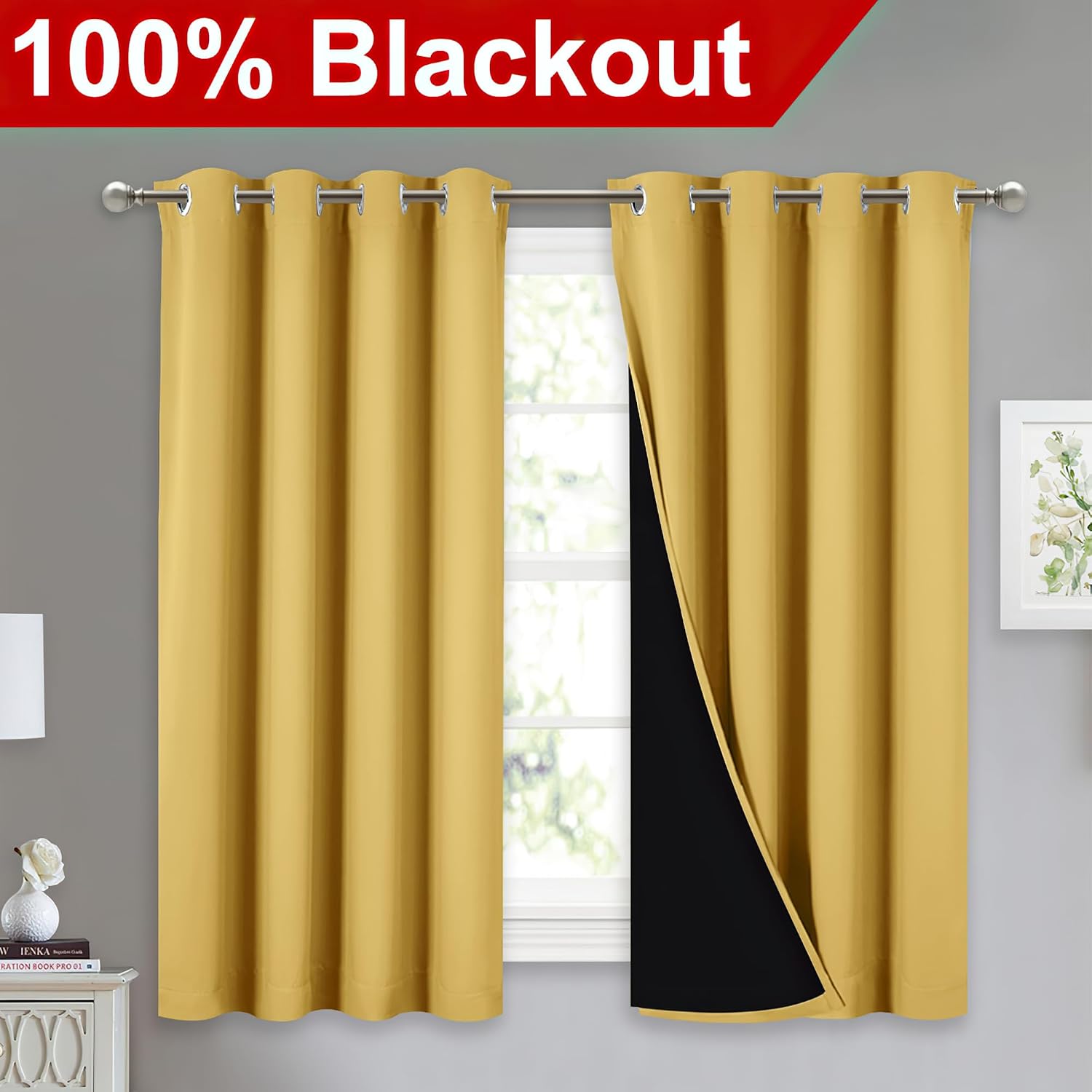 Nicetown 100% Blackout Curtains with Black Liners, Thermal Insulated Full Blackout 2-Layer Lined Drapes, Noise Cancellation Window Drapes f…