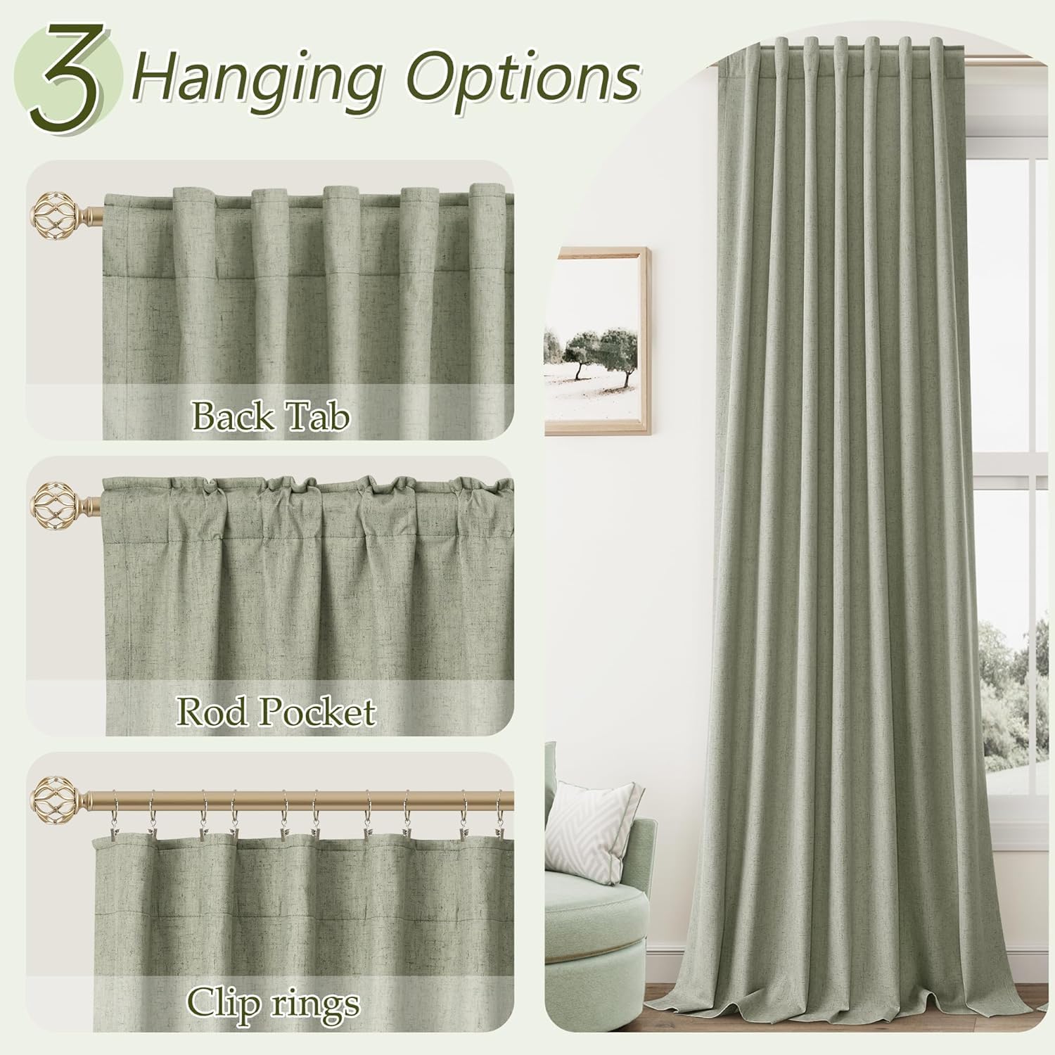 Guken Sage Green 100% Blackout Curtains 54 Inch Length 2 Panels Set for Living Room Bedroom Back Tab Thermal Insulated Black Out Linen Drap…