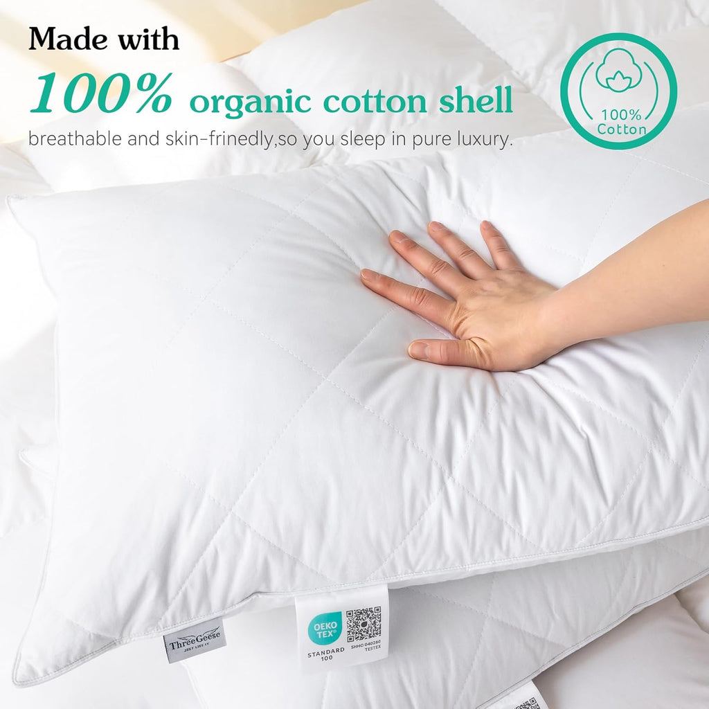 Three Geese White Goose Feather Cotton Pillows Queen Size Set of 1- Soft 600 Thread Count 100% Cotton, Medium Firm, Soft Support Surround…