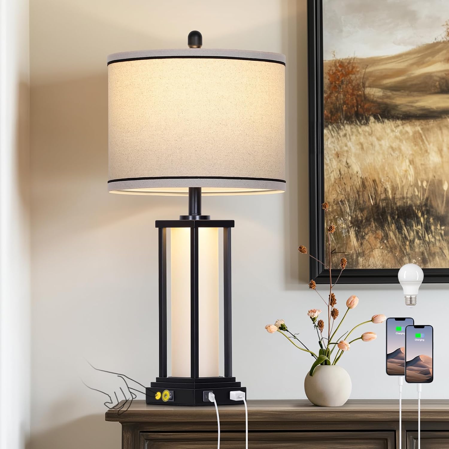 Cinkeda 27" Tall Vintage Table Lamp with USB C+A & Outlet, Black Industrial End Table Lamp for Living Room, Farmhouse Rustic Bedside Lamp…