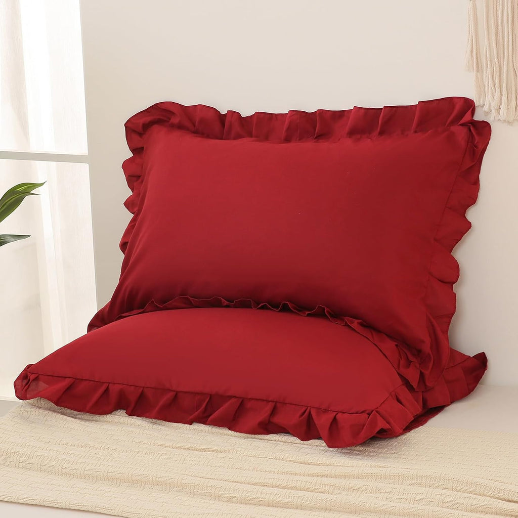Merryword Burgundy Pillow Shams Standard Pillowcases 20x26inch Cute Ruffle Solid Pillow Cover Set of 2 Shabby Chic Soft Red Pillowcases Red