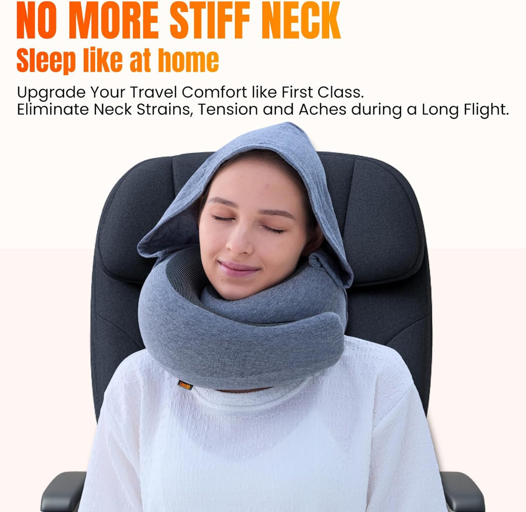 LOEXAIRTM Hooded Pro Travel Pillow - Memory Foam Neck Support Pillow for Airplane, Flight - Super-Soft Pure Cotton Fabric, Maximum Privacy…