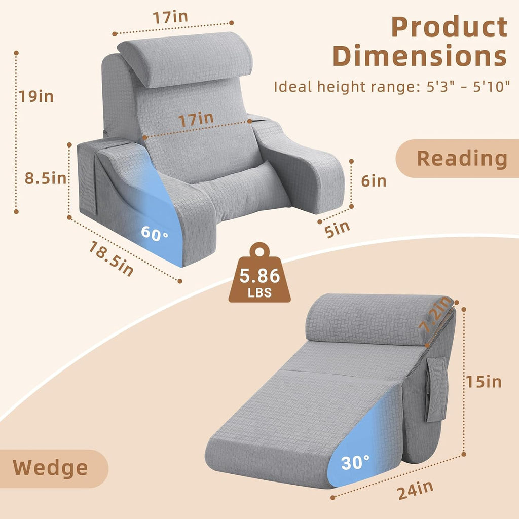 Esuerdo 5PCS Reading Pillow for Sitting in Bed Adult, 2 in 1 Foldable Back Wedge Pillow for Sleep, Ergonomic Back Support Pillow with Arms…