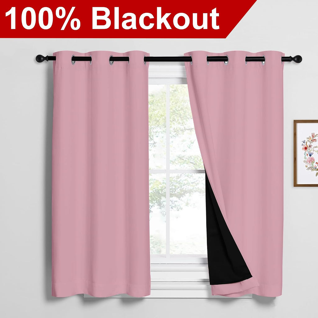 Nicetown 100% Blackout Short Curtains with Black Liners, 2 Panels, 37" W by 50" L, Crystal Pink, Thermal Insulated Full Blackout 2-Layer Li…