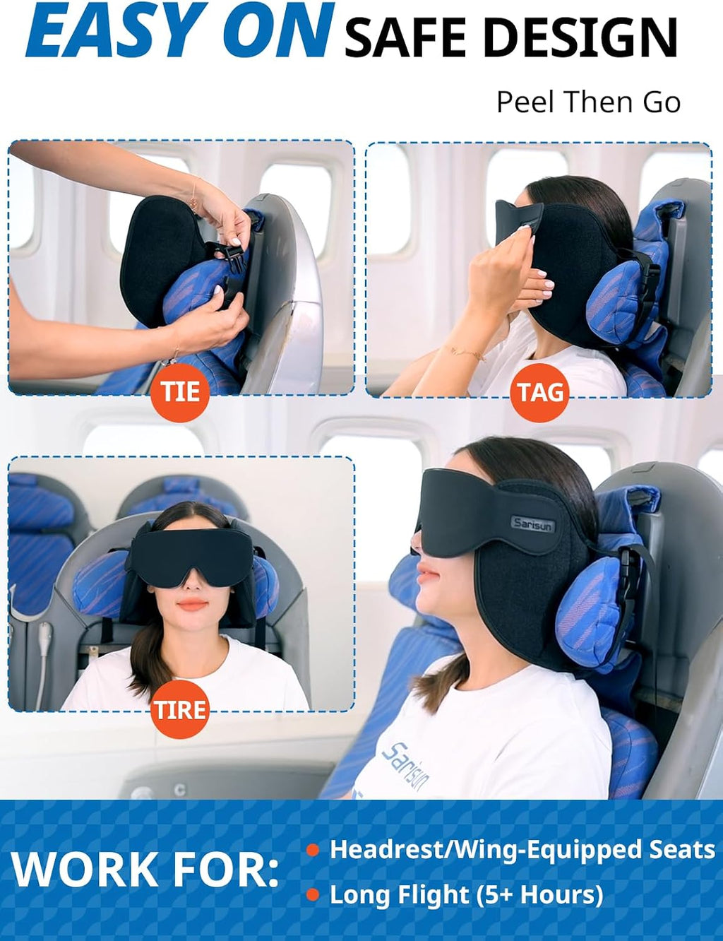 SARISUN Upgraded Travel Pillow, U-Shaped Airplane Head Strap for All Heights, 360° Support, 3D Sleep Mask, 100% Light Blocking, Long…