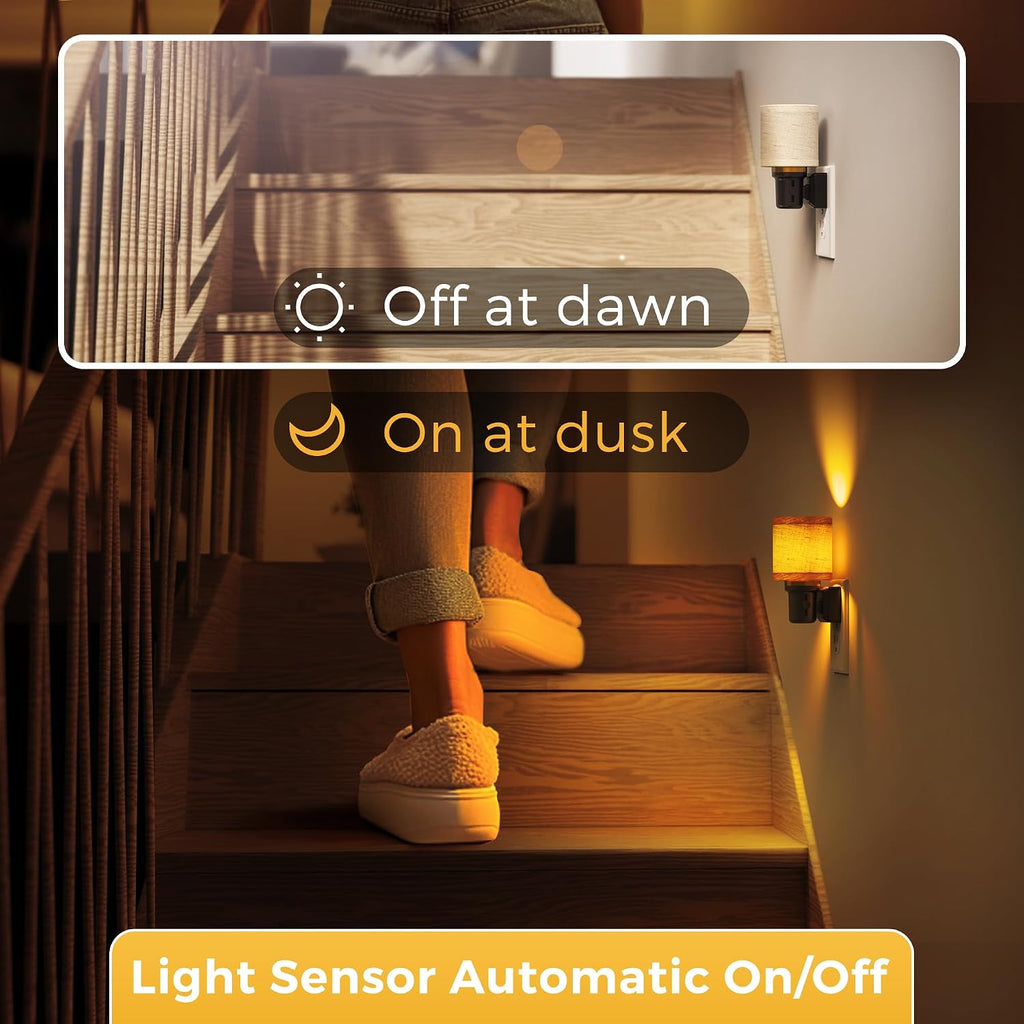 L LOHAS LED Night Lights Plug into Wall, Linen Fabric Cylinder Decor Night Light, Dusk to Dawn Sensor Vintage Nightlight, Amber Warm…