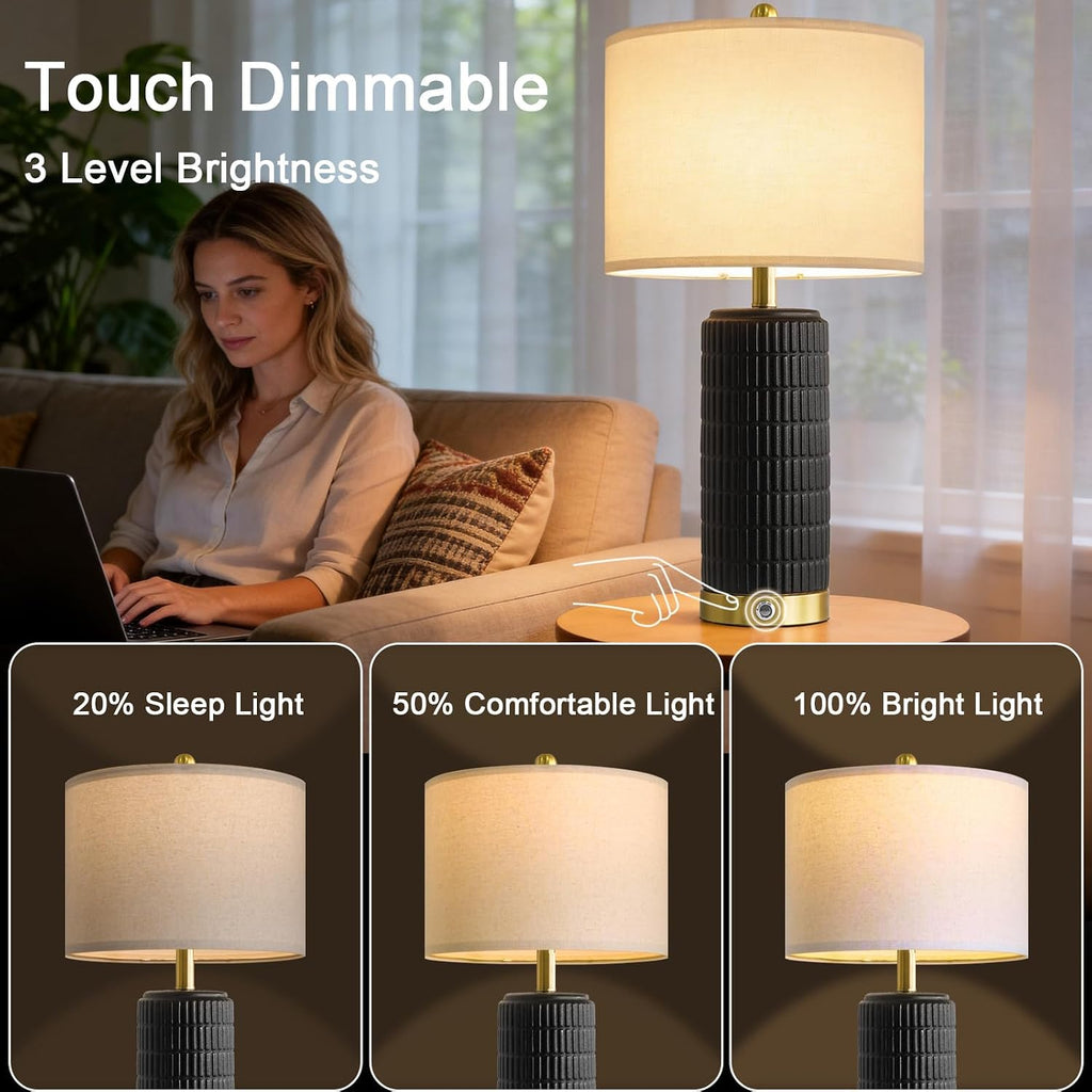 PoKat Ceramic Table Lamps Set of 2 for Living Room, 25'' Modern Touch Bedside Lamps for Bedroom with 2 USB Ports, Farmhouse Black…