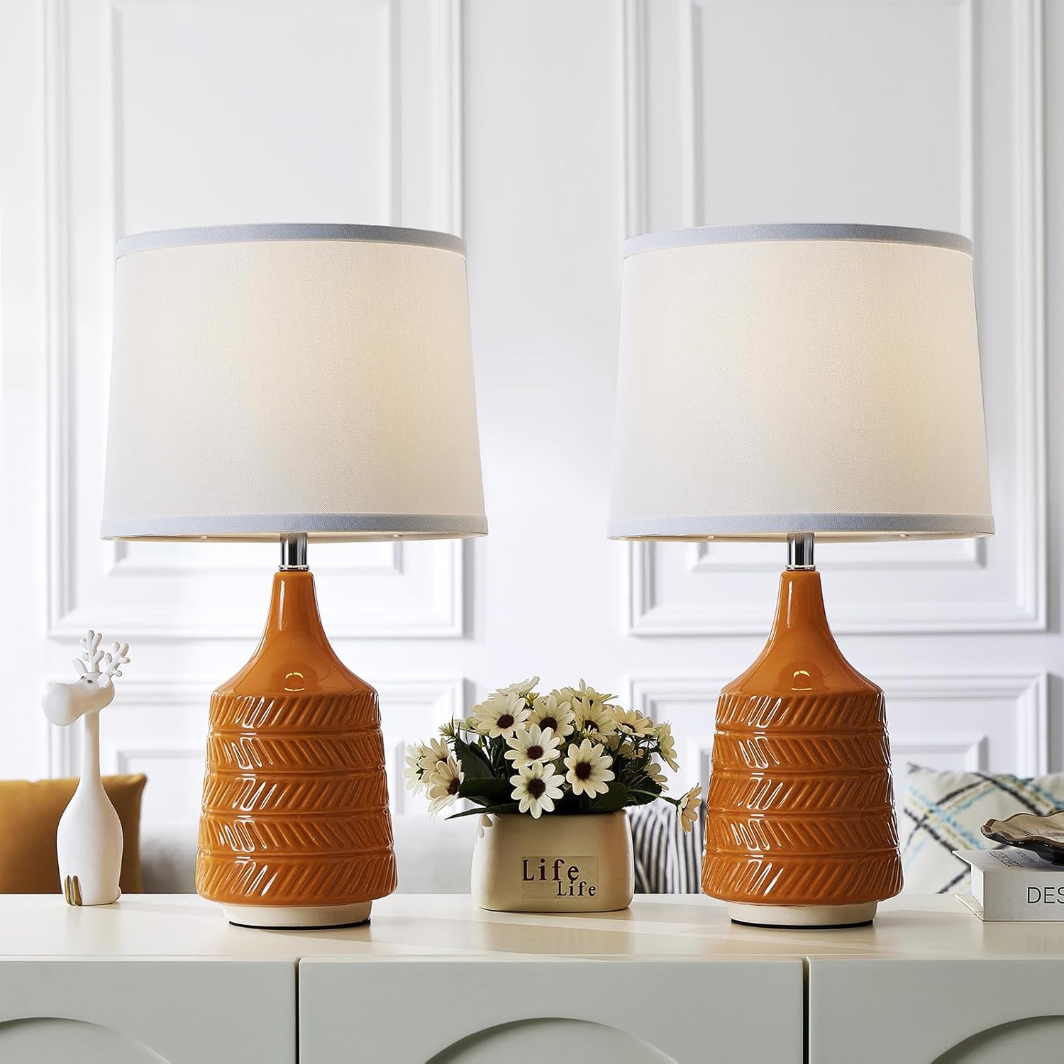 Orange Ceramic Table Lamps Set of 2, 18.5" Modern Bedside Lamps for Night Stands, Classic Small Lamps for Living Room End Tables…