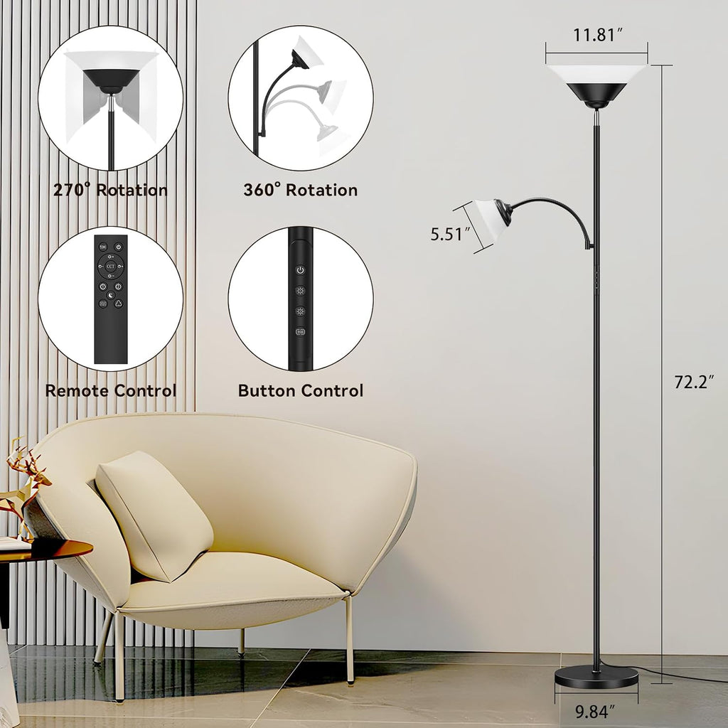 SIBRILLE RGB Torchiere Floor Lamp, 2-in-1 Dimmable Standing Lamp with Remote & Button Control, 34W 360° Rotatable LED Reading Lamp, 72"…