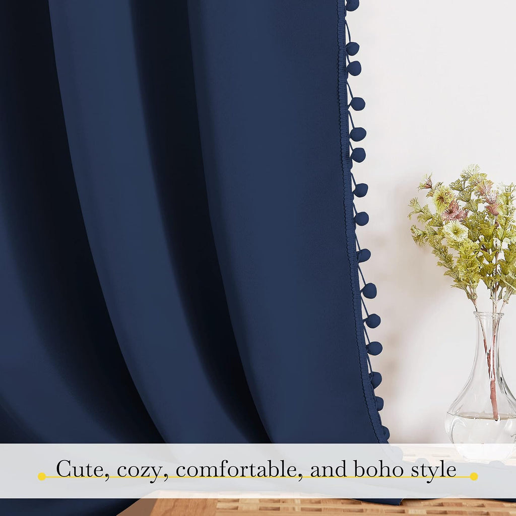 NICETOWN Navy Blue Blackout Curtains with Pompoms, Farmhouse Solid Privacy Window Curtains & Drapes Rod Pocket Curtain Shades for Living…