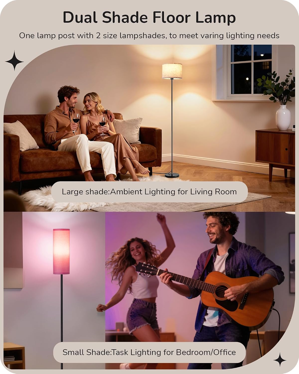 EDISHINE Modern Floor Lamps for Living Room, 63.7" Colorful Floor Lamp with Two Shades, Remote Control Foot Switch, 2700-6000K Dimmable…