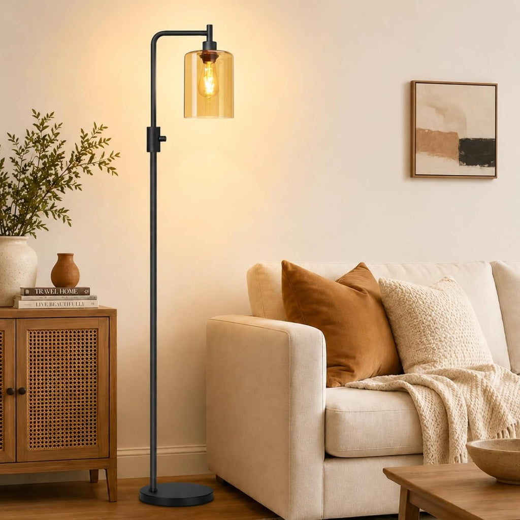 Upgraded】Dimmable Floor Lamps for Living Room with Amber Glass Shade, Modern Industrial Floor Lamp with 900LM Bulb Included, Glass…