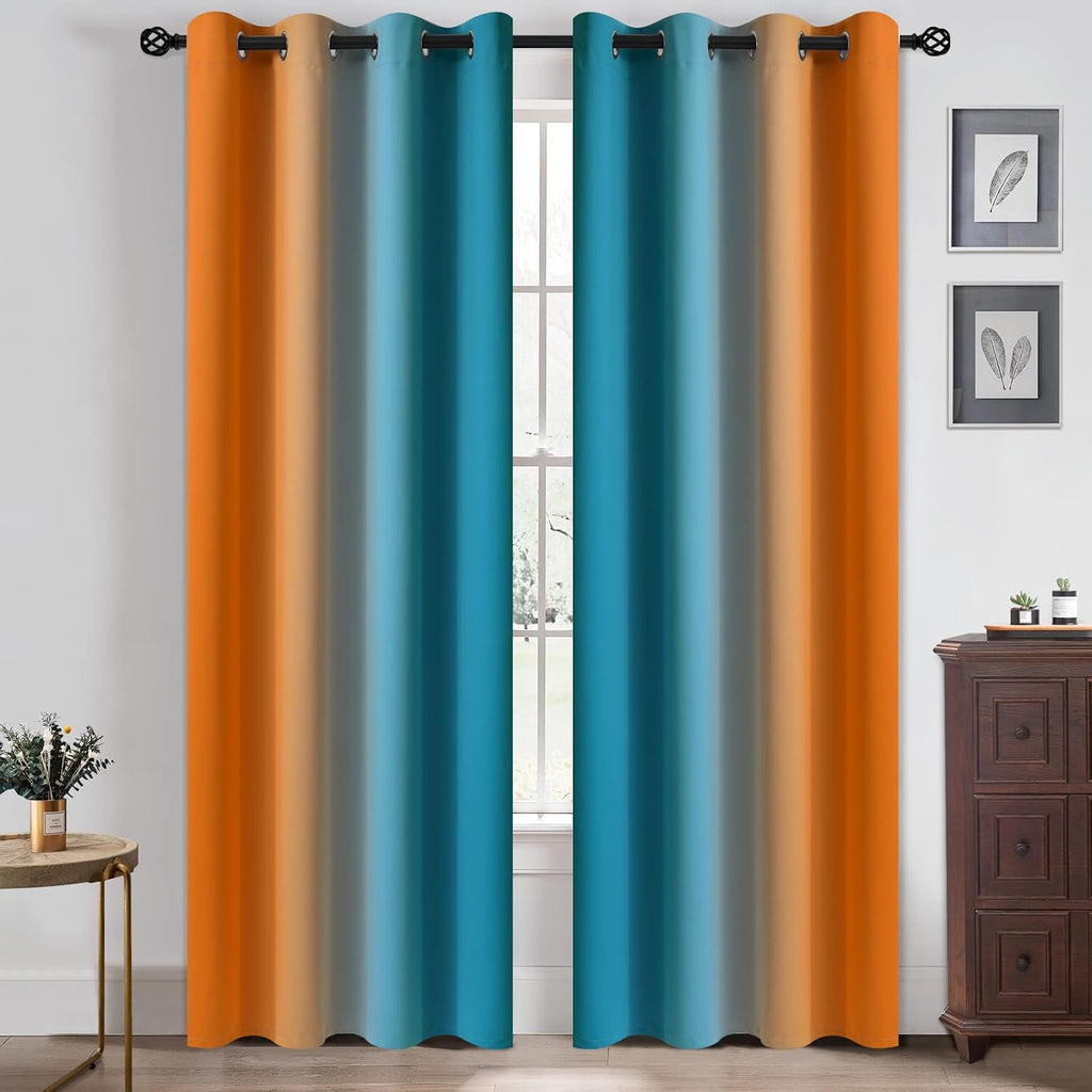 Yakamok Ombre Orange and Blue Curtains for Bedroom, Gradient Room Darkening Curtains, Grommet Thermal Insulated Light Blocking Window Drape…