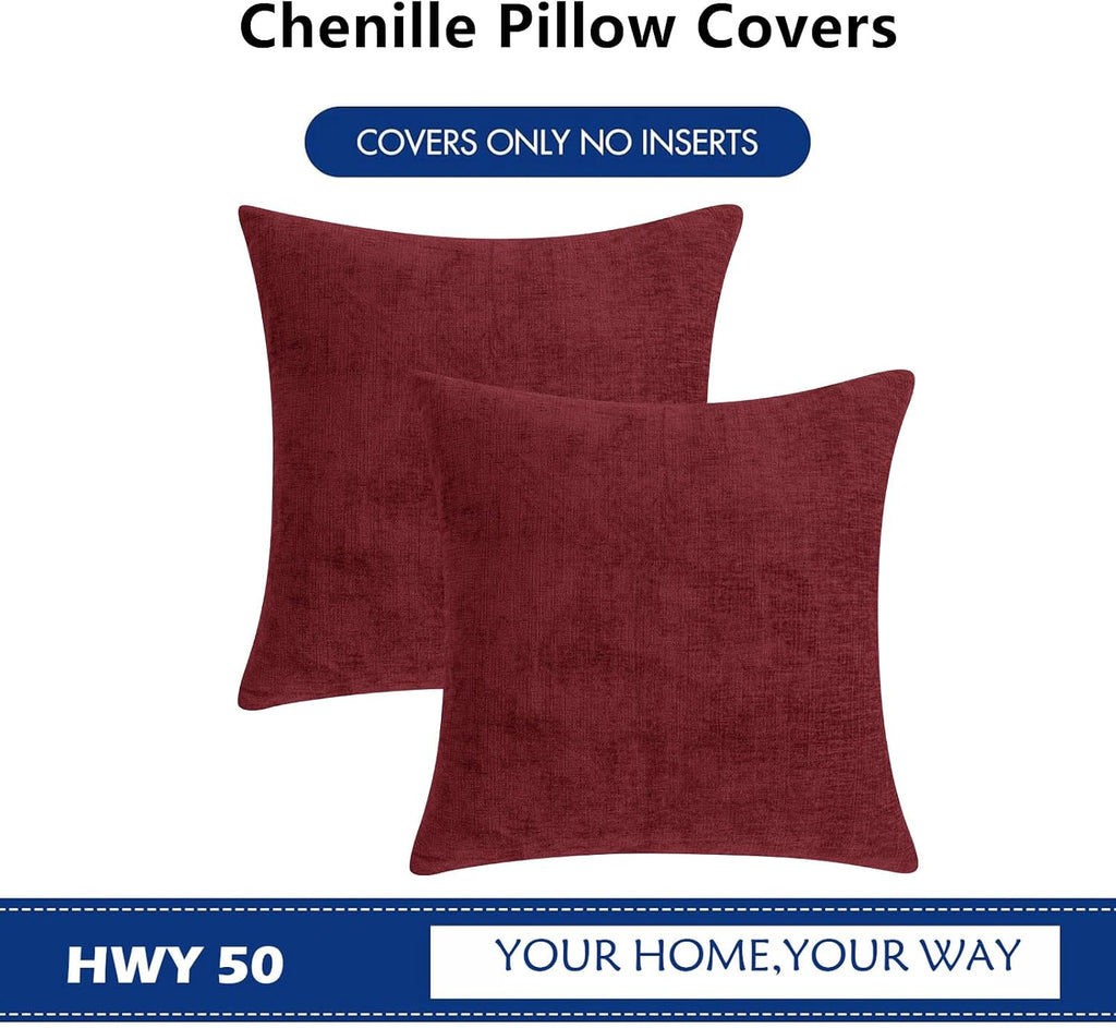 Hwy50 HWY 50 Burgundy Red Couch Pillow Covers 18x18 Inch Pack of 2, Soft Chenille Decorative Throw Pillow Cases Farmhouse for Sofa Living R…