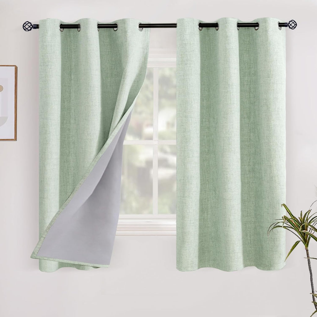 YoungsTex Sage Green Blackout Linen Curtains 40 Inches Longes, Short Thermal Insulated Black Out Drapes with Grommet for Bathroom Small Win…