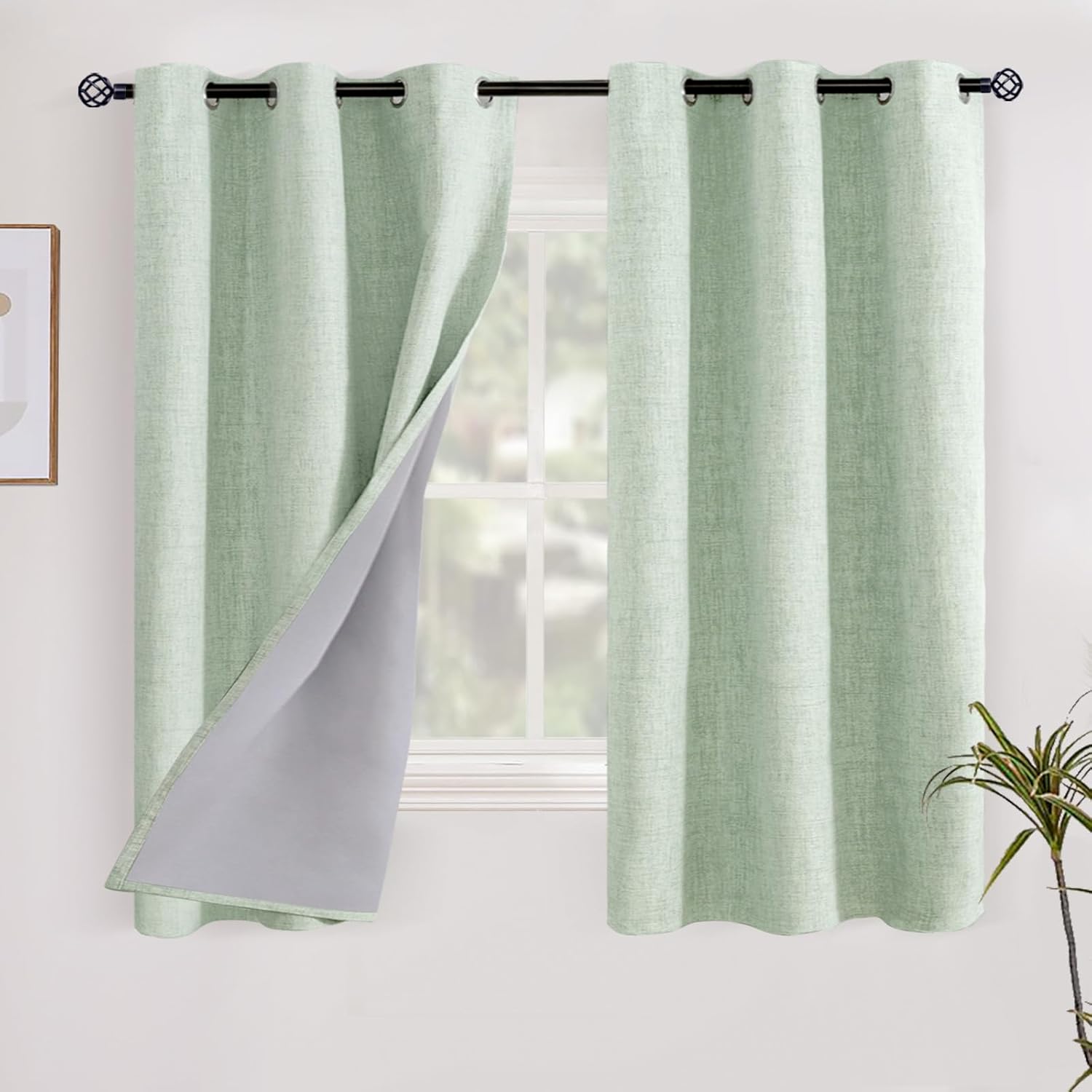 YoungsTex Sage Green Blackout Linen Curtains 40 Inches Longes, Short Thermal Insulated Black Out Drapes with Grommet for Bathroom Small Win…