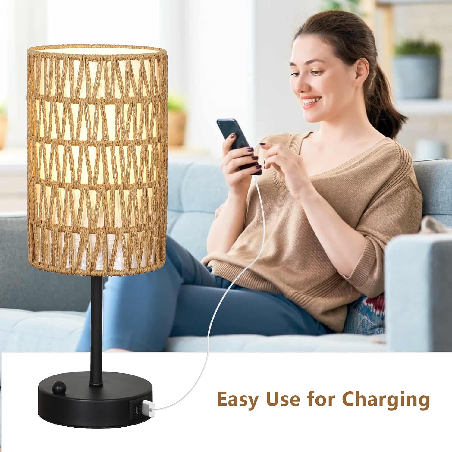 Touch Table Lamp Set of 2 For Bedroom with Bulb, Boho Small Desk Lamp For Living Room With Rattan & Linen Shade, 3 Way Dimmable Bedside…