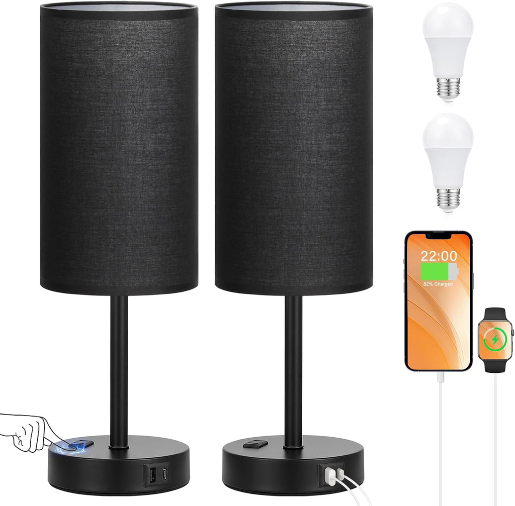 17.4inches Tall Black Touch Table Lamps Set - 3 Way Dimmable Bedside Lamps with USB C and A Ports, Small Lamps for Nightstand with AC…