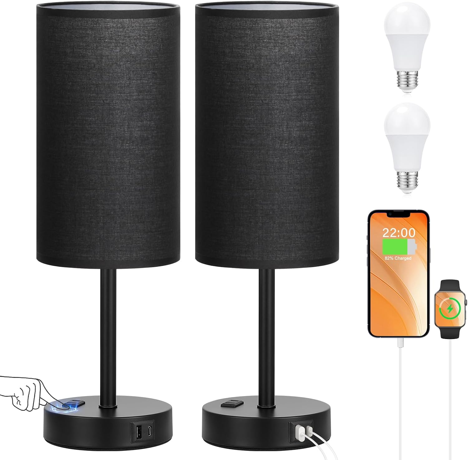 17.4inches Tall Black Touch Table Lamps Set - 3 Way Dimmable Bedside Lamps with USB C and A Ports, Small Lamps for Nightstand with AC…
