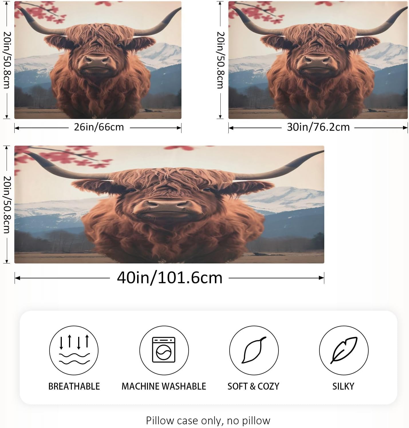 YETTASBIN Highland Cow Satin Pillowcase, Soft Breathable Silk Pillow Case with Envelope Closure for Hair and Skin, Standard Size 26 x 20…