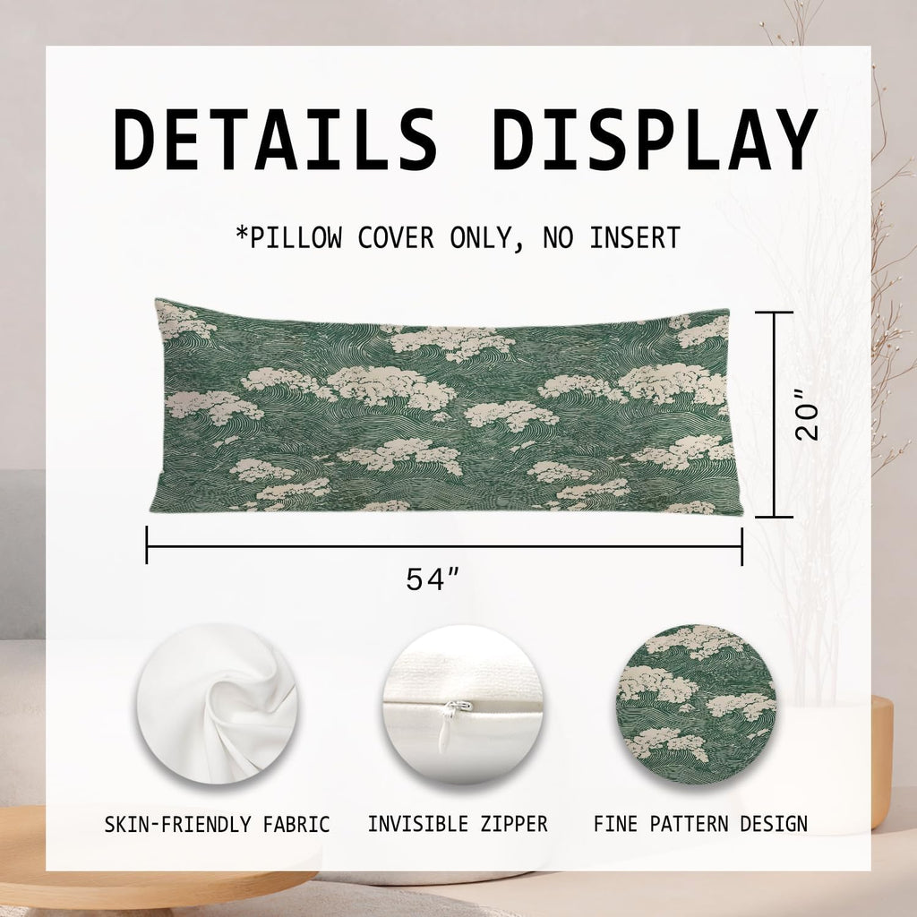 Japanese Waves 20x54 Body Pillow Cover, Japandi Home Decor, Traditional Oriental Forest Green Sea Waves Decorative Long Body Pillow Cases…