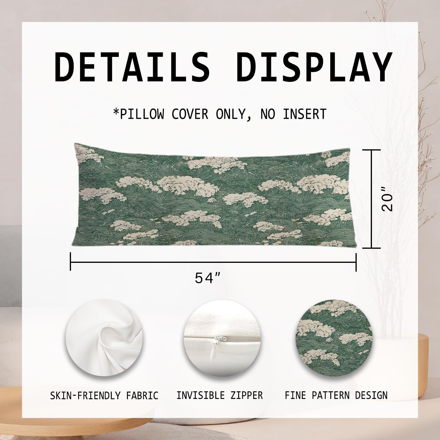 Japanese Waves 20x54 Body Pillow Cover, Japandi Home Decor, Traditional Oriental Forest Green Sea Waves Decorative Long Body Pillow Cases…