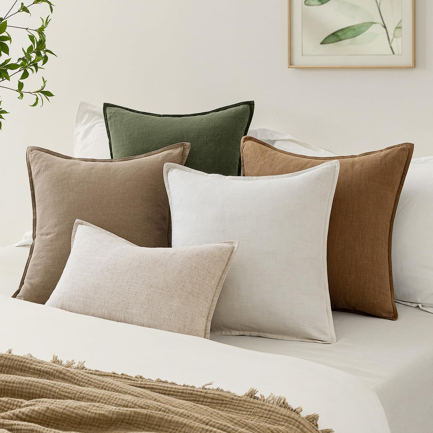 EMEMA Decorative Linen Throw Pillow Covers 24x24 Inch Natural Beige Boho Farmhouse Neutral Couch Throw Pillows for Bed Pack of 2 Accent…