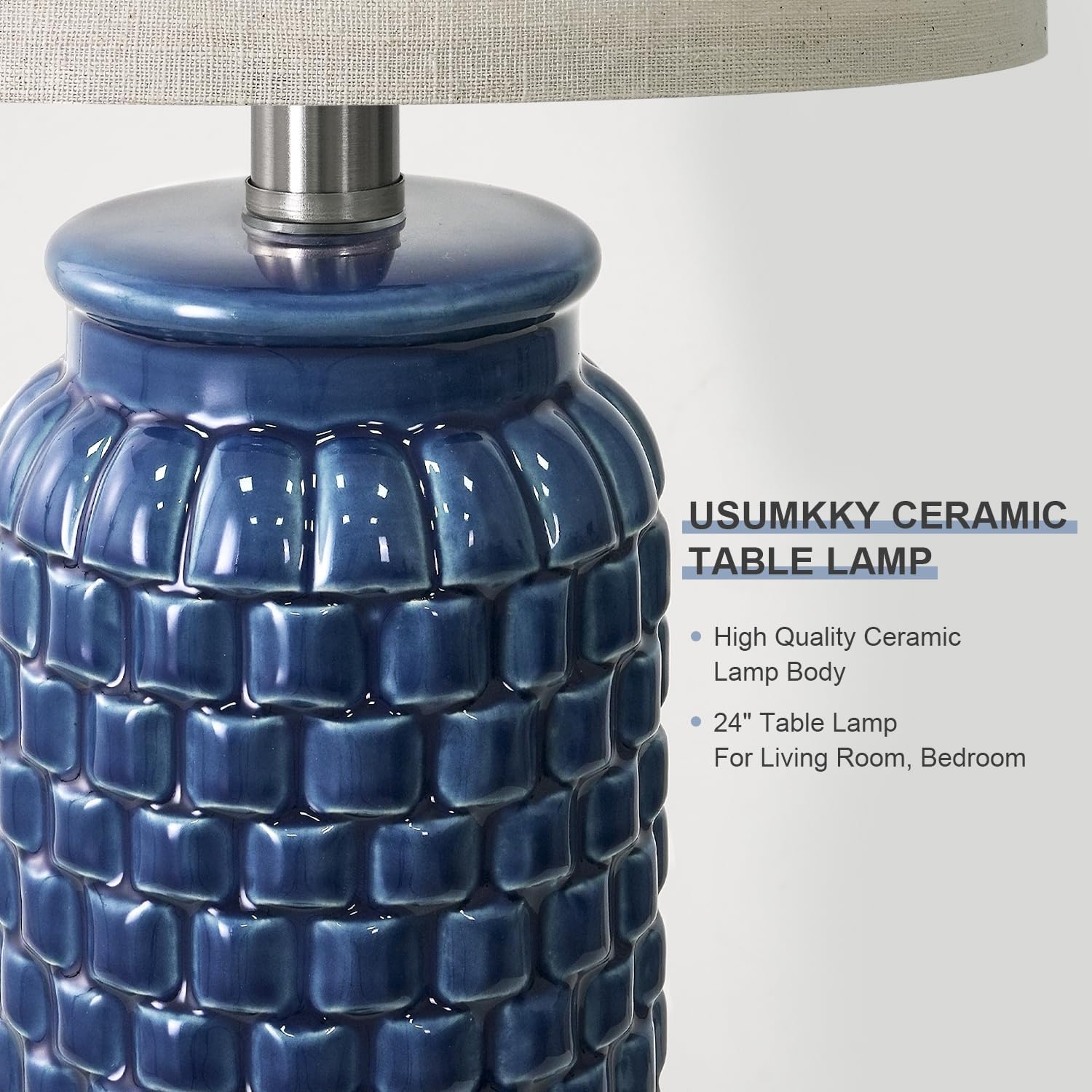 USumkky 24 inches Modern Ceramic Dark Blue Bedside Lamp Set of 2 for Bedroom Decor Farmhouse Table Lamp for Living Room Office Dorm