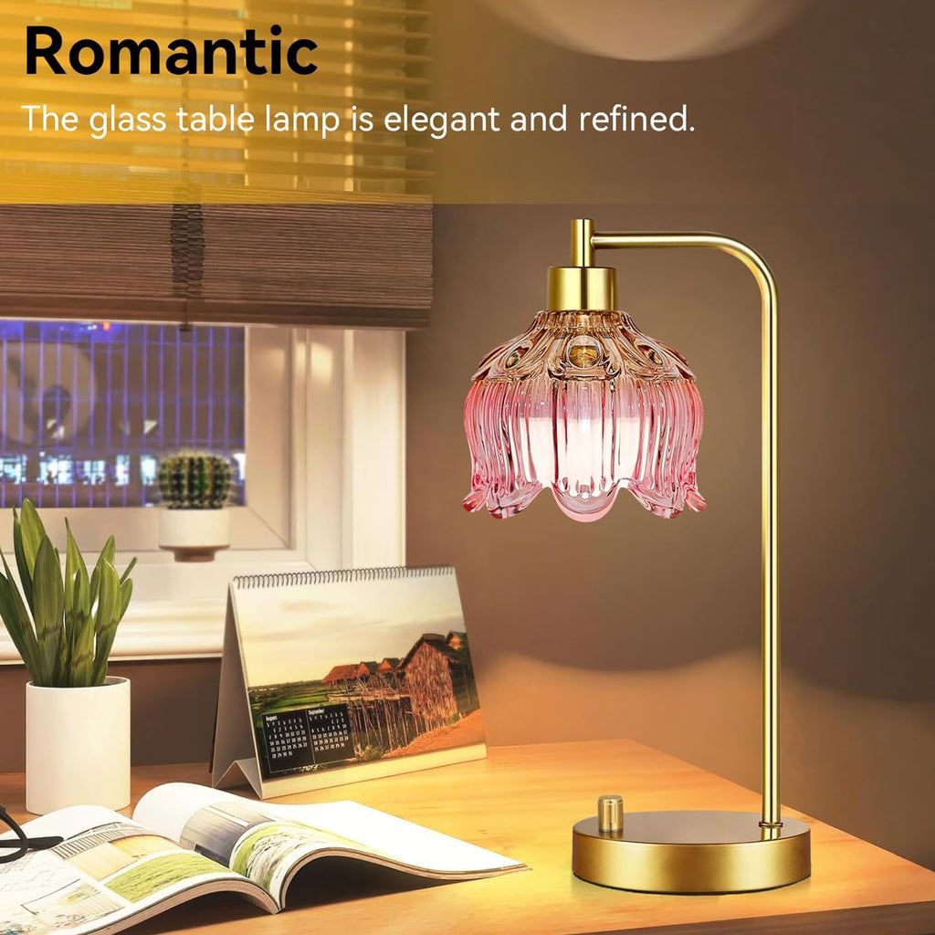 ILLMTW Pink Table Lamp Set of 2, Small Gold Bedside Lamps Dimmable Boho Bedroom Lamp with Tulip Flower Glass Lamp Shade, Vintage Mid…
