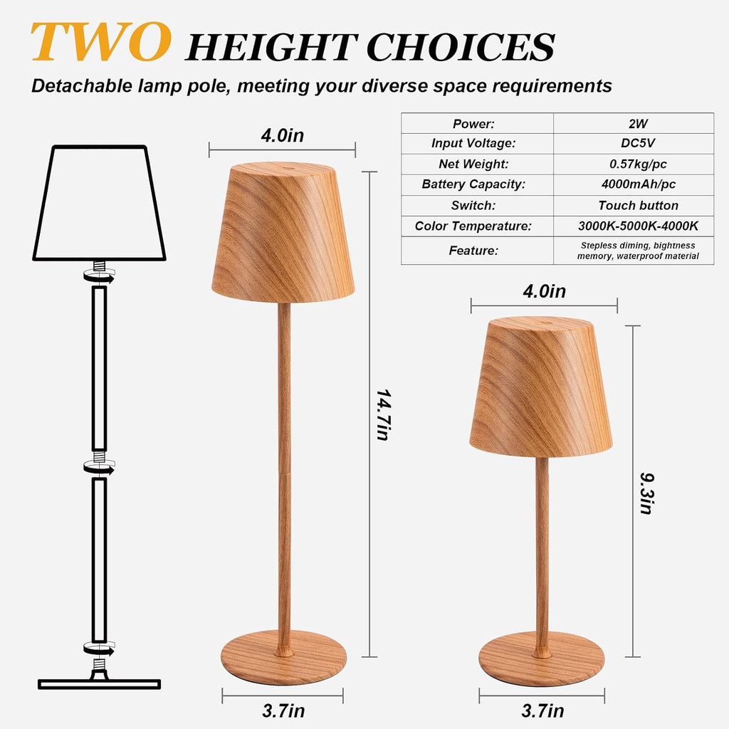 Kakanuo Cordless Table Lamp Rechargeable - Wood Grain 2 Pack 5000mAH Battery Operated Lamp for Counter, 3 Color Stepless Dimming Wireless…