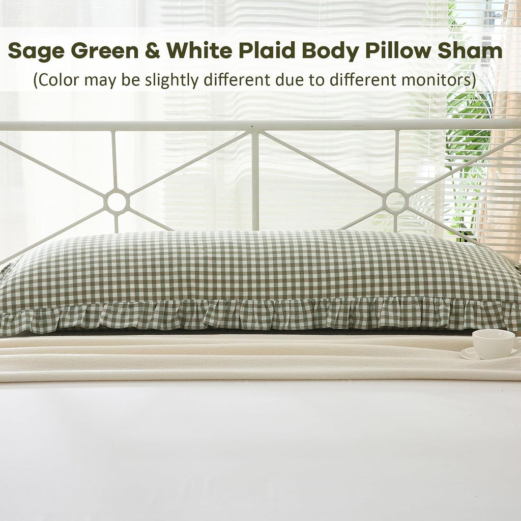 Kmasaniji Sage Green White Plaid Gingham Body Pillow Cover with Ruffles, 100% Washed Cotton Rustic French Country Vintage Pillow Shams for…