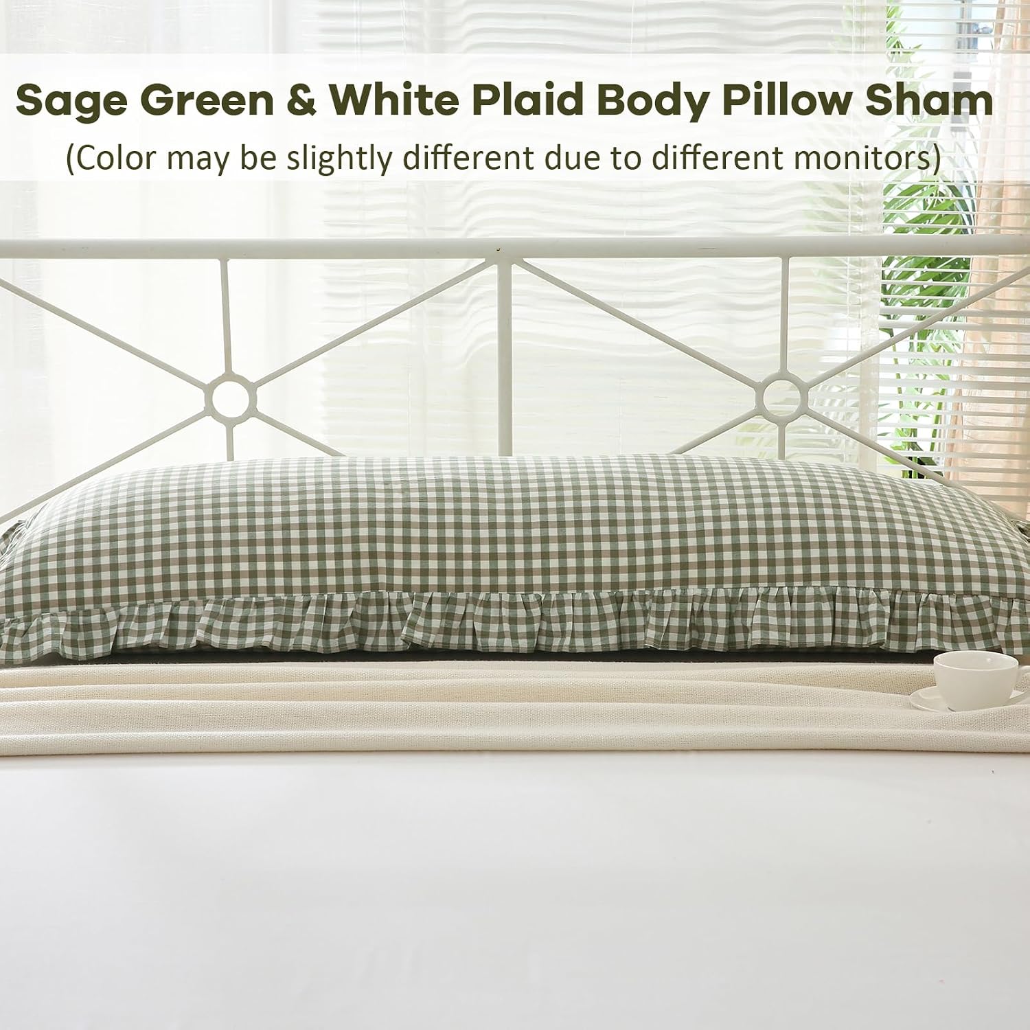 Kmasaniji Sage Green White Plaid Gingham Body Pillow Cover with Ruffles, 100% Washed Cotton Rustic French Country Vintage Pillow Shams for…